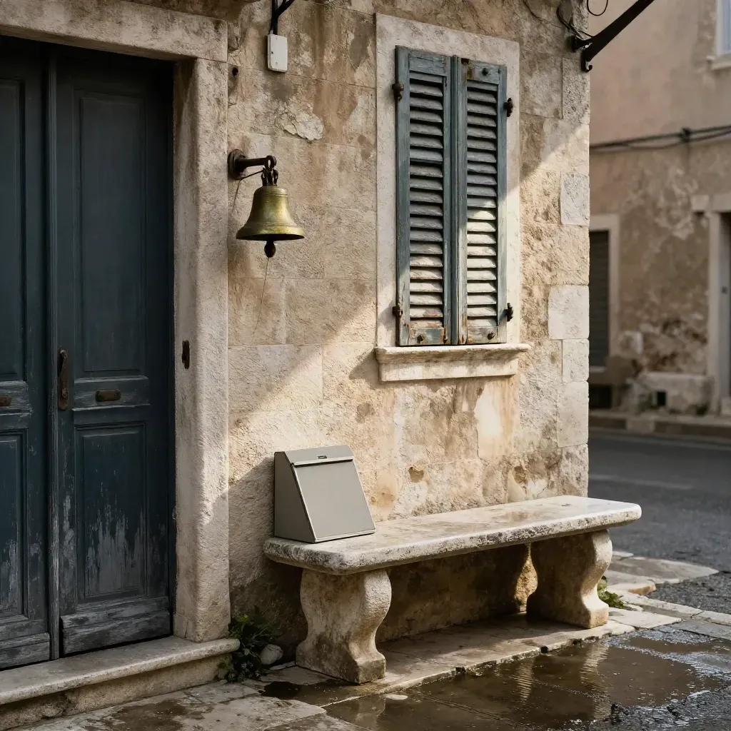 Facciata in pietra bagnata con persiane chiuse, campanello in ottone e custodia documenti su panca.
