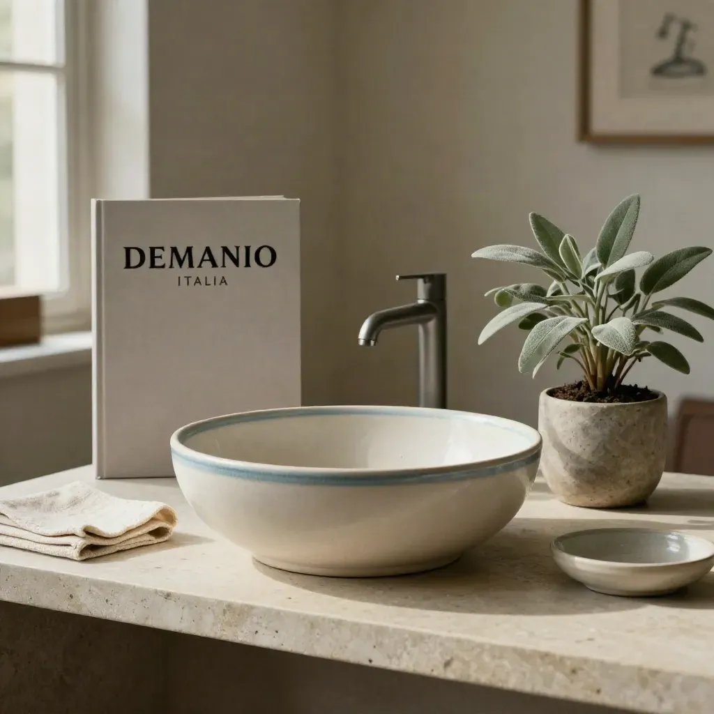 Bacinella in ceramica, dossier chiuso e pianta su mensola in pietra, luce soffusa e ambiente silenzioso.